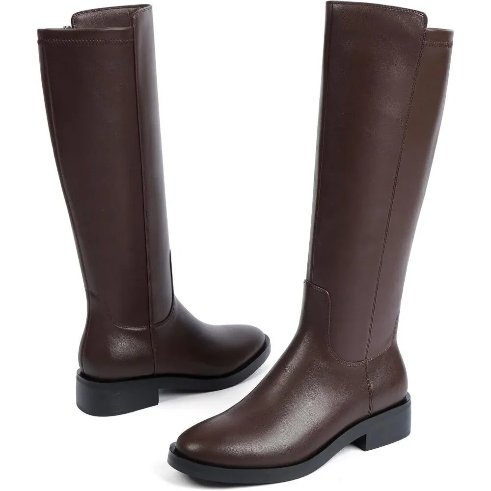 Women Polyurethane Stretch-Chocolate Round Toe Flat Side Zipper Knee High Boots